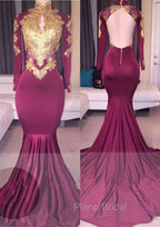 Elegant High-Neck Long-Sleeves Gold-Appliques Backless Formal Prom Dresses