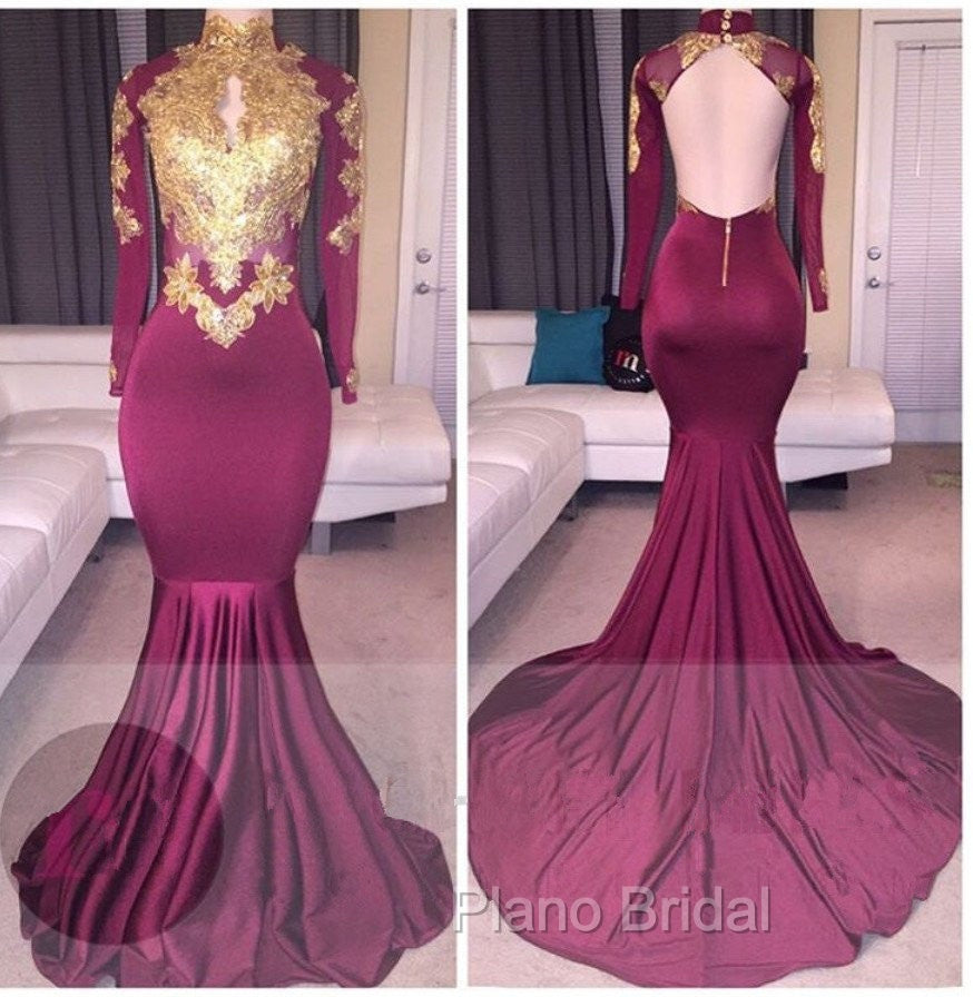 Elegant High-Neck Long-Sleeves Gold-Appliques Backless Formal Prom Dresses