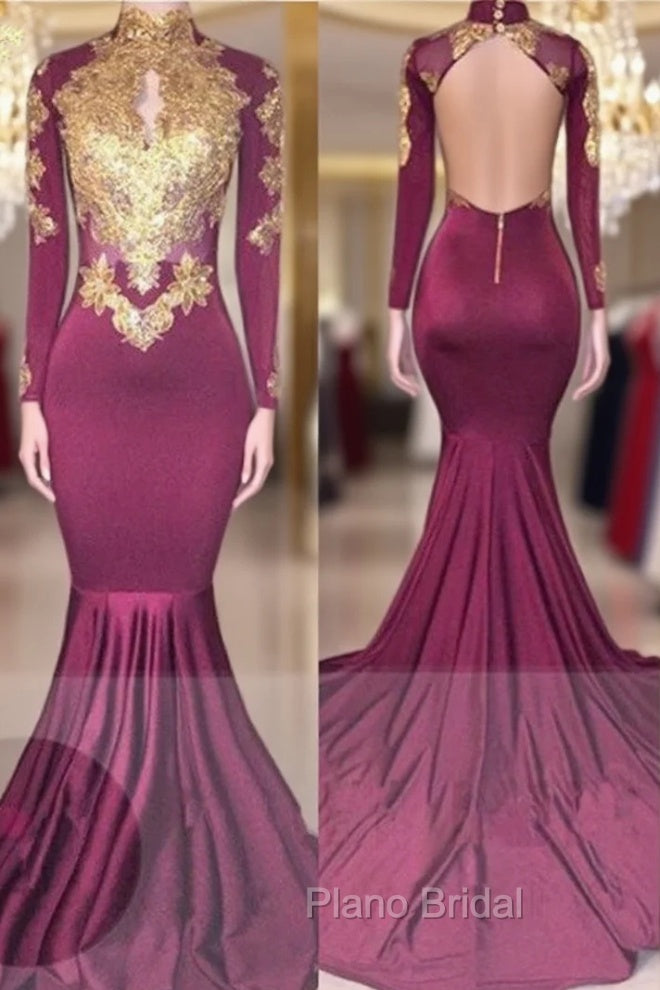 Elegant High-Neck Long-Sleeves Gold-Appliques Backless Formal Prom Dresses Main image