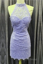 Elegant High Neck Open Back Lace Homecoming Dresses Sheath Party Dresses