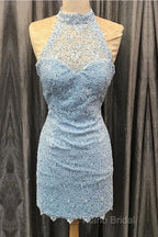 Elegant High Neck Open Back Lace Homecoming Dresses Sheath Party Dresses