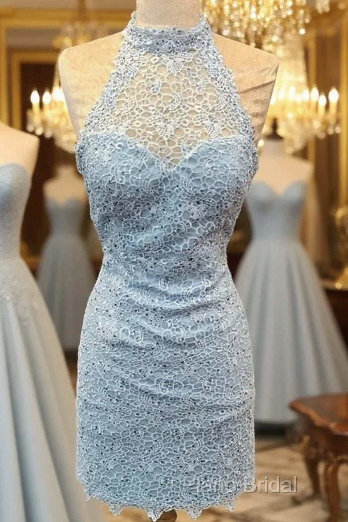 Elegant High Neck Open Back Lace Homecoming Dresses Sheath Party Dresses Main image