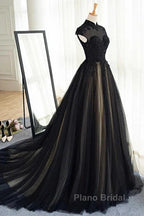 Elegant High Neck Formal Prom Dresses Black Formal Dresses A Line Floor Length Evening Dresses