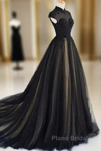 Elegant High Neck Formal Prom Dresses Black Formal Dresses A Line Floor Length Evening Dresses