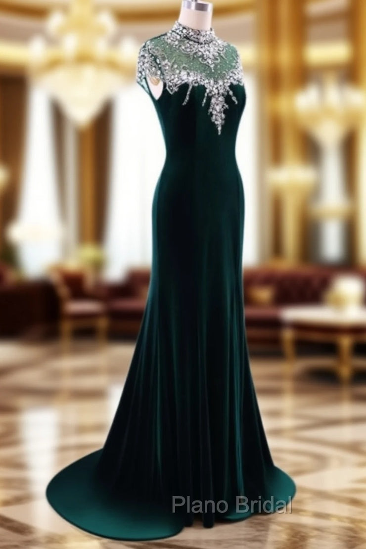 Elegant High Neck Formal Prom Dresses Green Mermaid Evening Dresses