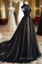 Elegant High Neck Swee Train Rhinestone Formal Prom Dresses, Black Formal Dresses