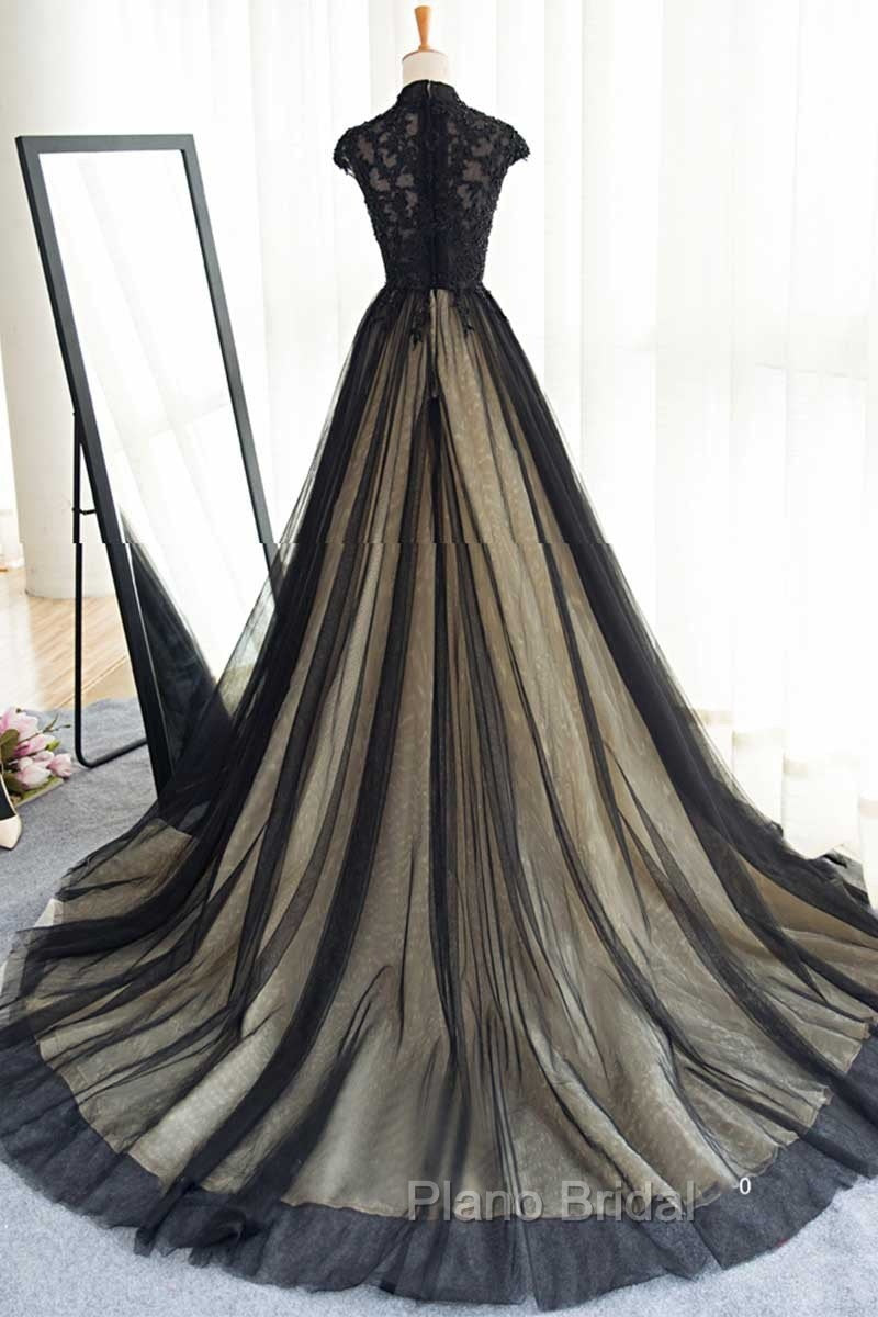 Elegant High Neck Swee Train Rhinestone Formal Prom Dresses, Black Formal Dresses