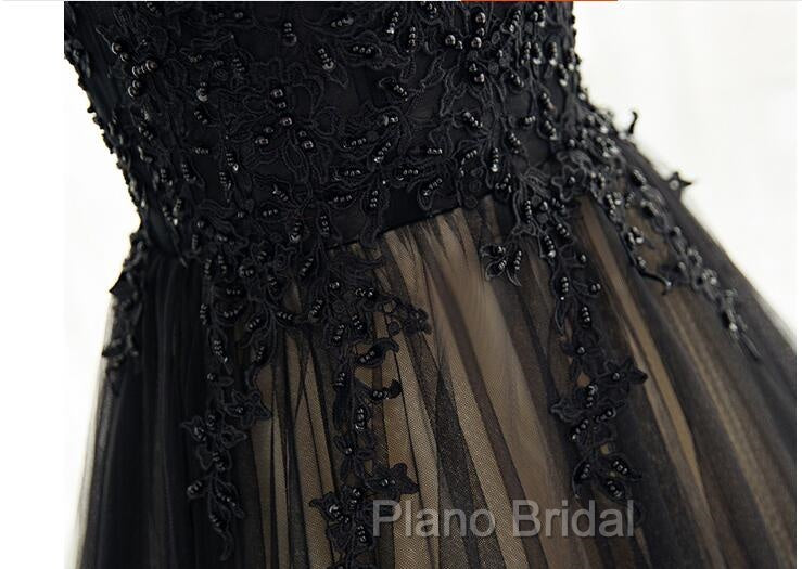 Elegant High Neck Swee Train Rhinestone Formal Prom Dresses, Black Formal Dresses