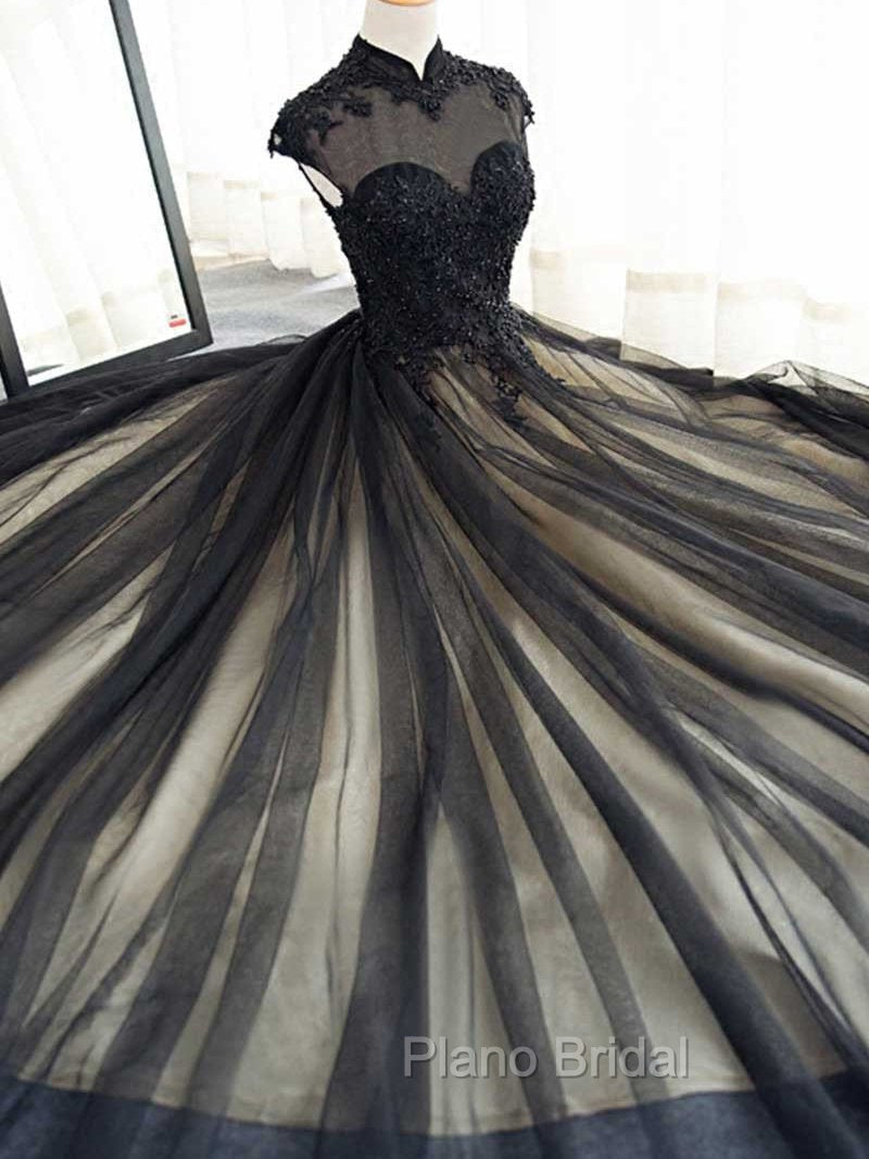 Elegant High Neck Swee Train Rhinestone Formal Prom Dresses, Black Formal Dresses Main image