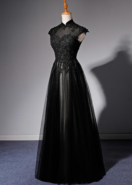 Elegant High Neckline Black Formal Evening Dresses, Tulle With Lace Applique Formal Prom Dresses Secondary image