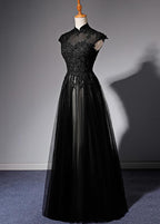 Elegant High Neckline Black Formal Evening Dresses, Tulle With Lace Applique Formal Prom Dresses