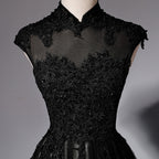 Elegant High Neckline Black Formal Evening Dresses, Tulle With Lace Applique Formal Prom Dresses