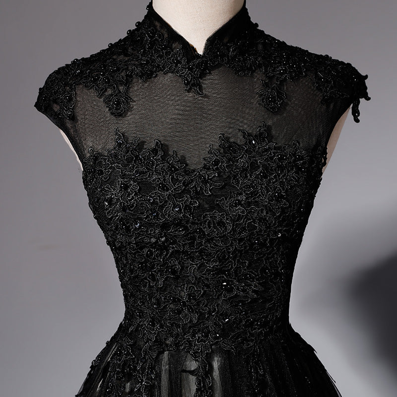 Elegant High Neckline Black Formal Evening Dresses, Tulle With Lace Applique Formal Prom Dresses