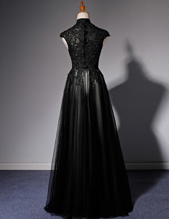 Elegant High Neckline Black Formal Evening Dresses, Tulle With Lace Applique Formal Prom Dresses