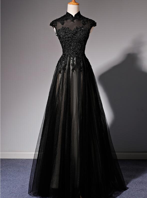 Elegant High Neckline Black Formal Evening Dresses, Tulle With Lace Applique Formal Prom Dresses