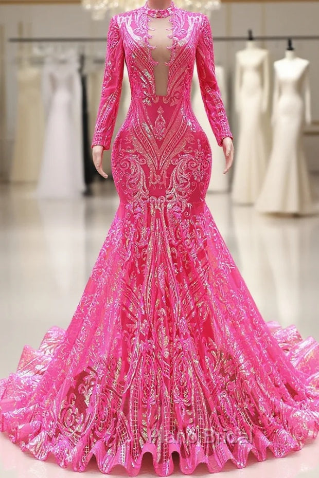 Elegant Hot Pink Mermaid Formal Prom Dresses Sequin Evening Party Dresses Pageant Dresses for Women Main image
