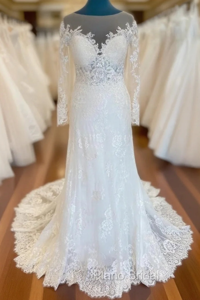 Elegant Illusion Neck Lace Wedding Dresses With Long Sleeves Main image