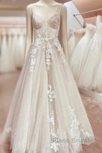 Elegant Italian Noodle Strap A-Line Lace Wedding Bridal Dresses