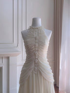 Elegant Ivory A-Line Halter Nack Pearl Pleated Chiffon Formal Prom Dresses