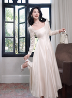 Elegant Ivory A-Line Square Neck Long-Sleeve Satin Long Formal Prom Dresses
