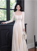 Elegant Ivory A-Line Square Neck Long-Sleeve Satin Long Formal Prom Dresses