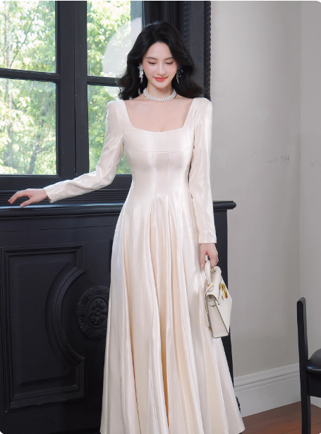 Elegant Ivory A-Line Square Neck Long-Sleeve Satin Long Formal Prom Dresses