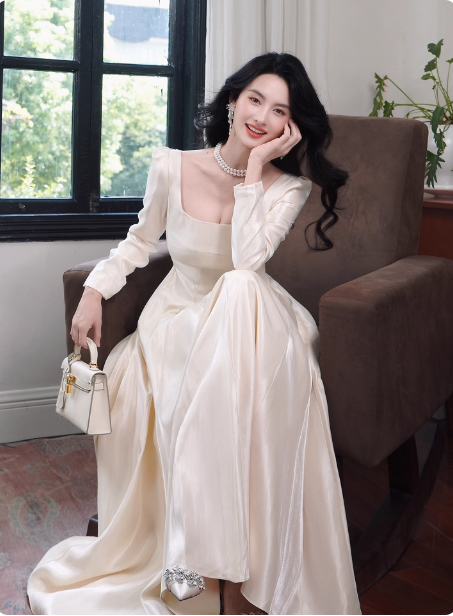 Elegant Ivory A-Line Square Neck Long-Sleeve Satin Long Formal Prom Dresses