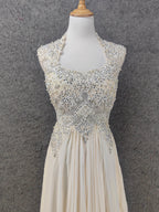Elegant Ivory Cap-Sleeve Pearl Lace Chiffon Long Formal Prom Dresses