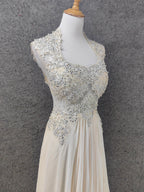 Elegant Ivory Cap-Sleeve Pearl Lace Chiffon Long Formal Prom Dresses