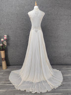 Elegant Ivory Cap-Sleeve Pearl Lace Chiffon Long Formal Prom Dresses