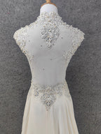 Elegant Ivory Cap-Sleeve Pearl Lace Chiffon Long Formal Prom Dresses