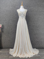 Elegant Ivory Cap-Sleeve Pearl Lace Chiffon Long Formal Prom Dresses
