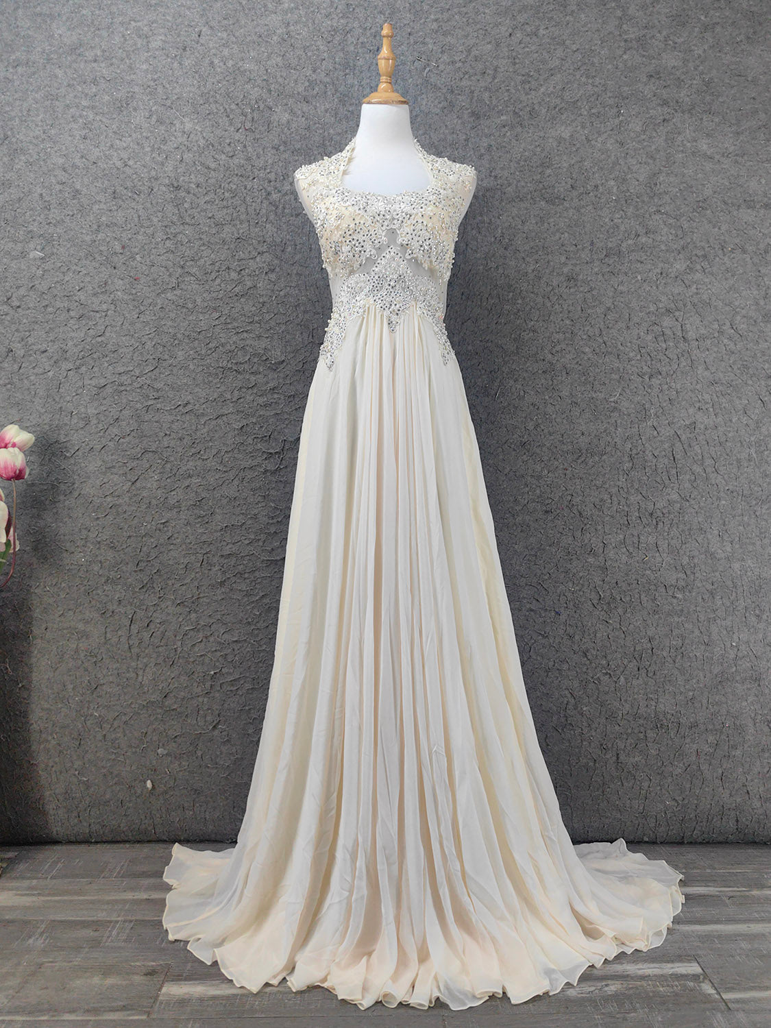 Elegant Ivory Cap-Sleeve Pearl Lace Chiffon Long Formal Prom Dresses