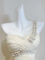 Elegant Ivory Mermaid One-Shoulder Neckline Pearl Rhinestone Satin Long Formal Prom Dresses Bridesmaid Dresses