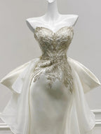 Elegant Ivory Mermaid Strapless Beaded Satin Wedding Dresses With Train