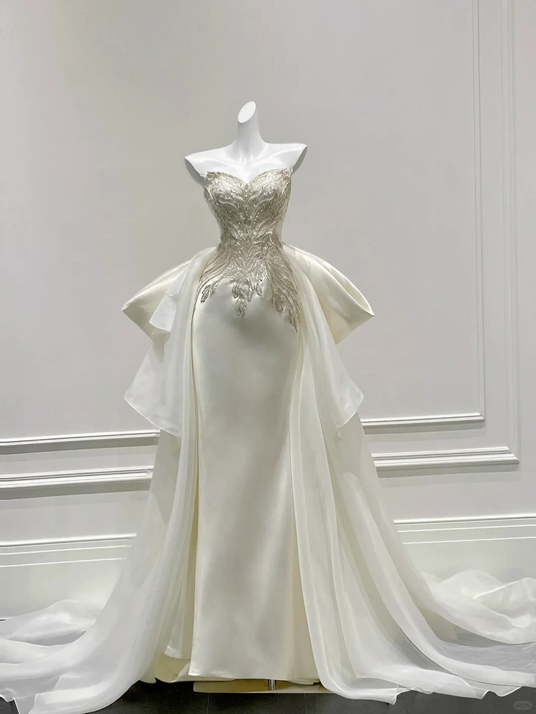 Elegant Ivory Mermaid Strapless Beaded Satin Wedding Dresses With Train Main image