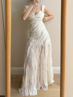 Elegant Ivory Pleated Satin Long Formal Prom Dresses