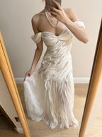 Elegant Ivory Pleated Satin Long Formal Prom Dresses