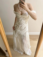 Elegant Ivory Pleated Satin Long Formal Prom Dresses