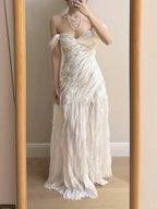 Elegant Ivory Pleated Satin Long Formal Prom Dresses