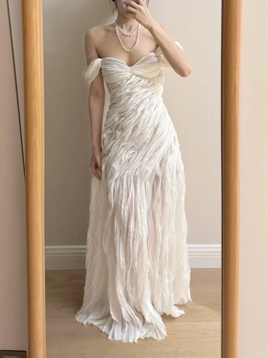 Elegant Ivory Pleated Satin Long Formal Prom Dresses