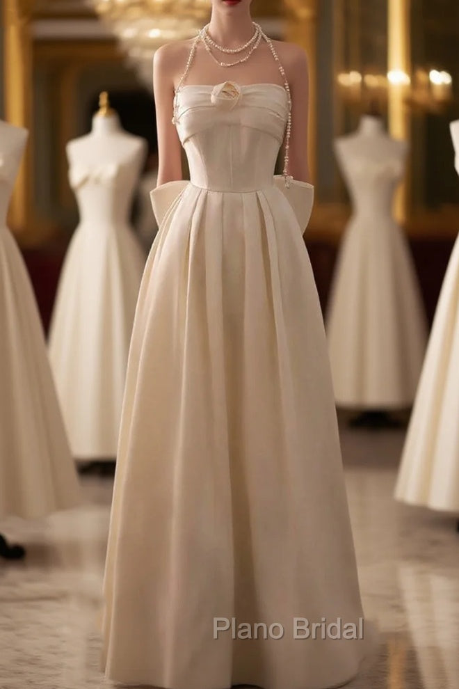 Elegant Ivory Satin Strapless Pleats Bow Wedding Dresses Main image