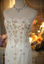Elegant Ivory Strapless Beaded Floral Tulle Train Long Formal Prom Dresses