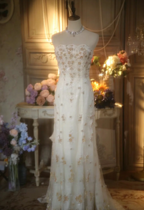 Elegant Ivory Strapless Beaded Floral Tulle Train Long Formal Prom Dresses