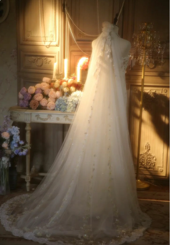 Elegant Ivory Strapless Beaded Floral Tulle Train Long Formal Prom Dresses