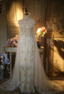 Elegant Ivory Strapless Beaded Floral Tulle Train Long Formal Prom Dresses