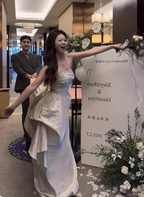 Elegant Ivory Strapless High-Slit Satin Train Formal Prom Dresses Wedding Dresses