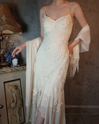 Elegant Ivory Mermaid V-Neck Thin Straps 3D Floral Chiffon Long Formal Prom Dresses