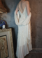Elegant Ivory Mermaid V-Neck Thin Straps 3D Floral Chiffon Long Formal Prom Dresses