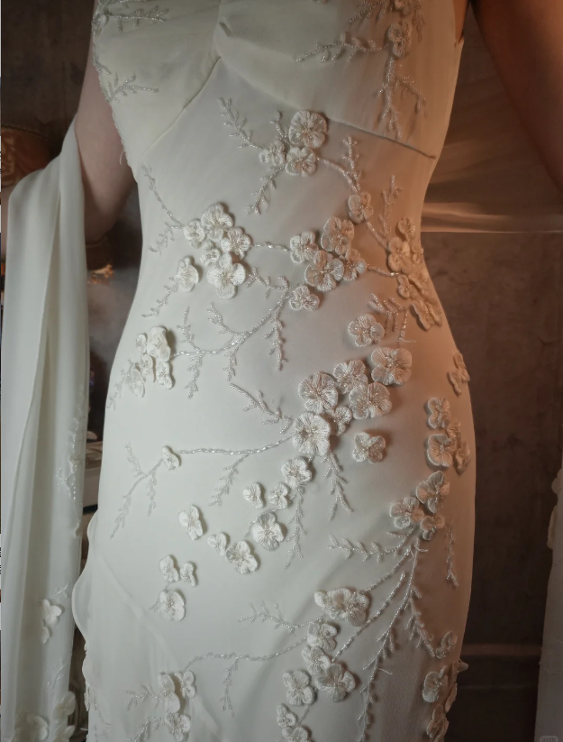 Elegant Ivory Mermaid V-Neck Thin Straps 3D Floral Chiffon Long Formal Prom Dresses